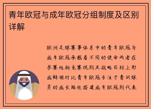 青年欧冠与成年欧冠分组制度及区别详解